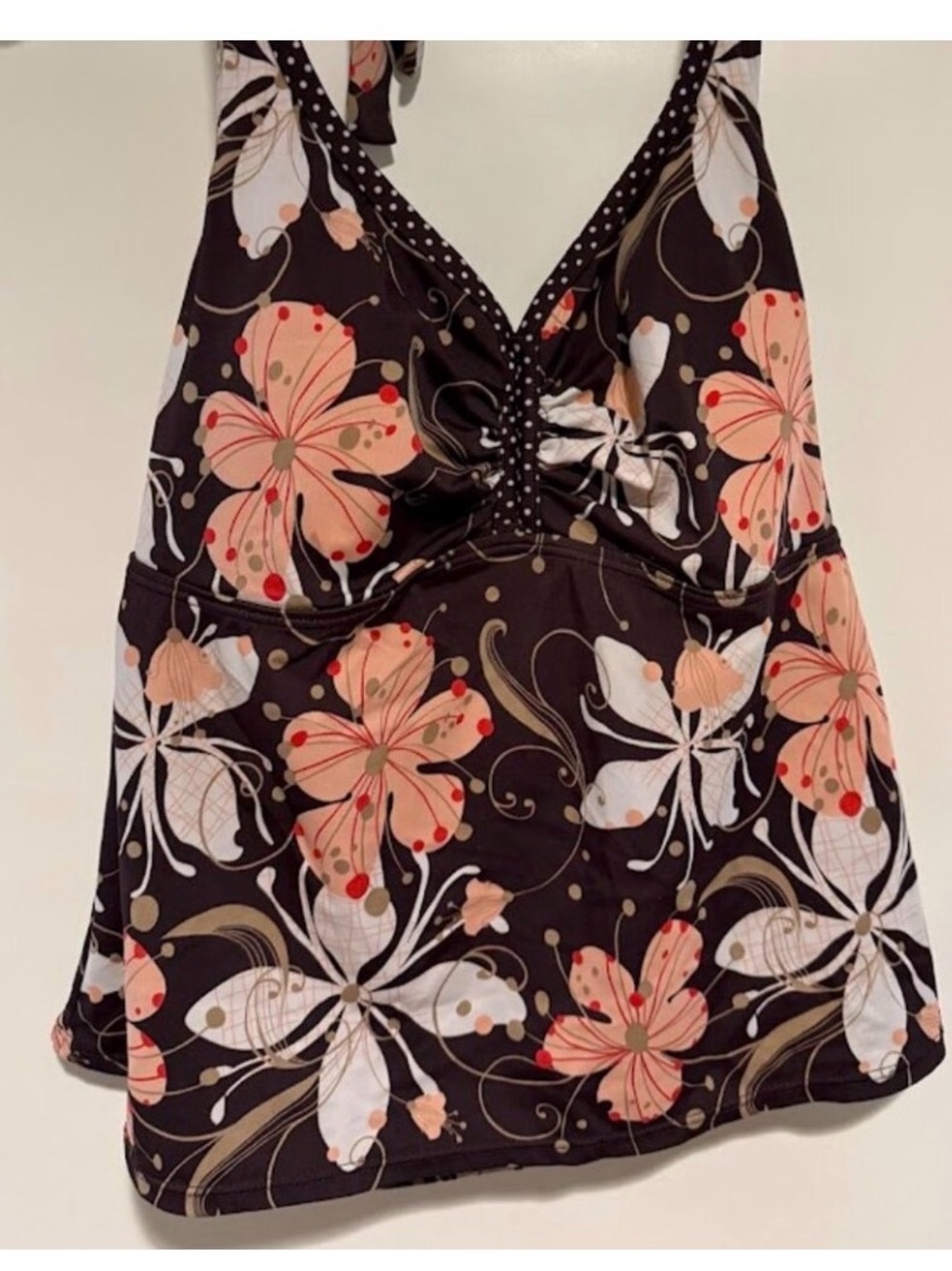 Merona Brown and Vibrant Peach Hibiscus and White Floral Halter Tankini Top